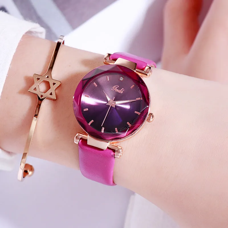 Gradient Dial Leather Strap Women's Watch