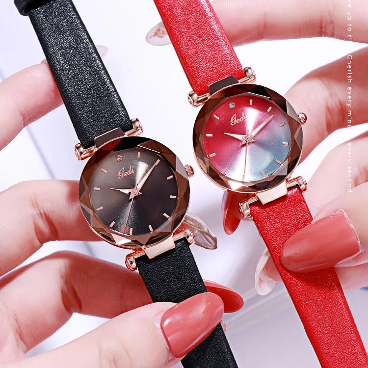 Gradient Dial Leather Strap Women's Watch