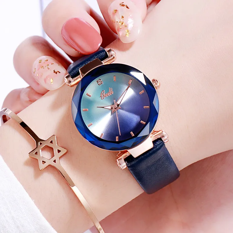 Gradient Dial Leather Strap Women's Watch