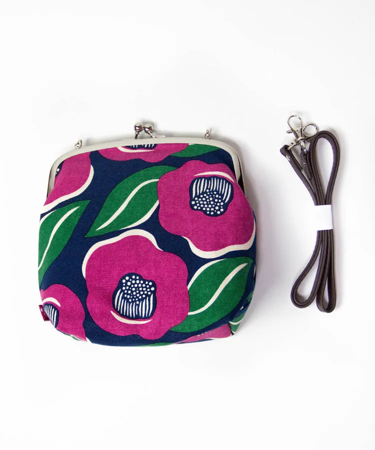 Green Camellia Shoulder Clasp Bag and Detachable Strap / Gamaguchi Japanese Shoulder Bag