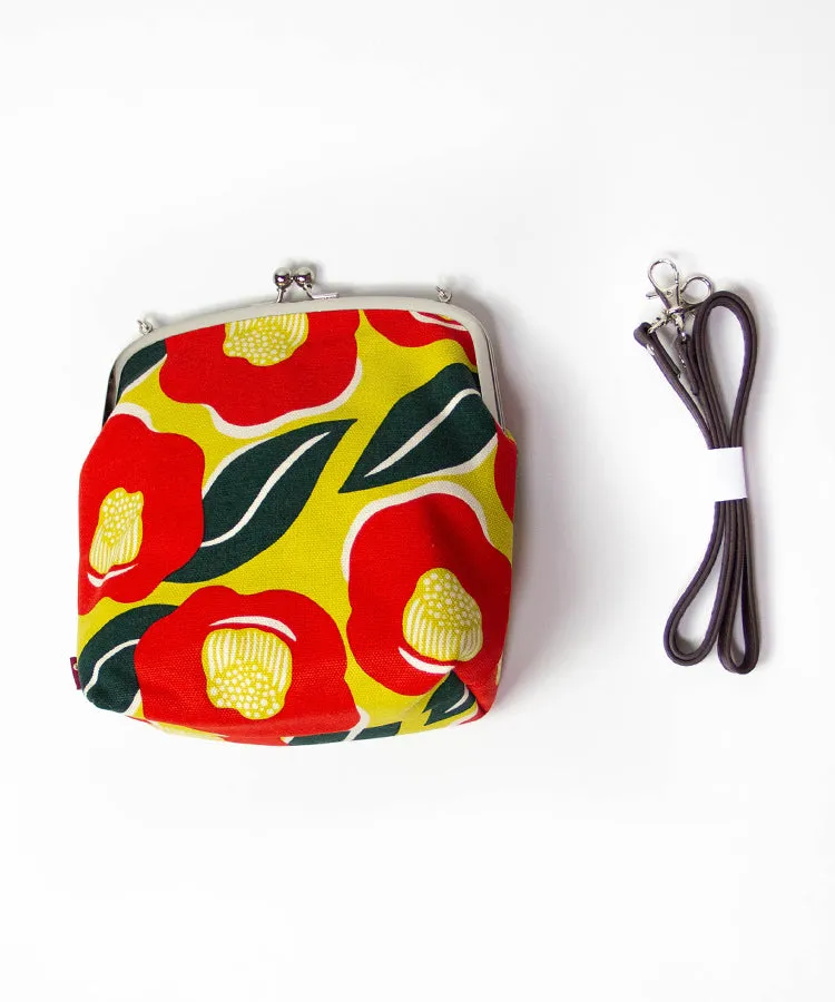 Green Camellia Shoulder Clasp Bag and Detachable Strap / Gamaguchi Japanese Shoulder Bag