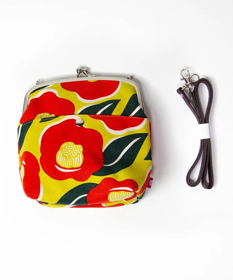 Green Camellia Shoulder Clasp Bag and Detachable Strap / Gamaguchi Japanese Shoulder Bag