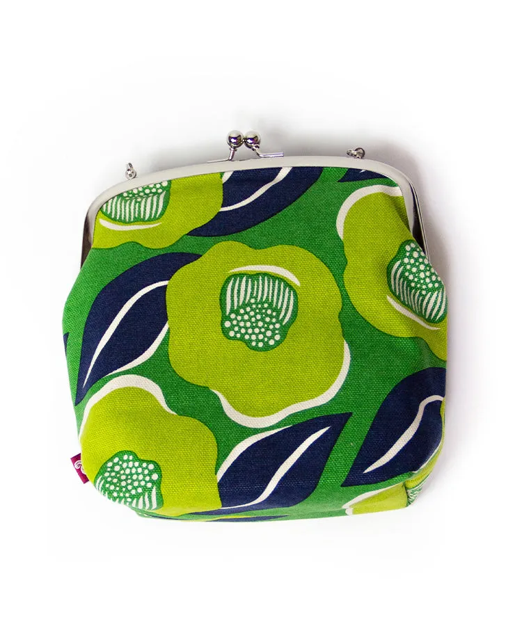 Green Camellia Shoulder Clasp Bag and Detachable Strap / Gamaguchi Japanese Shoulder Bag