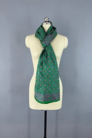 Green Floral Silk Sari Scarf