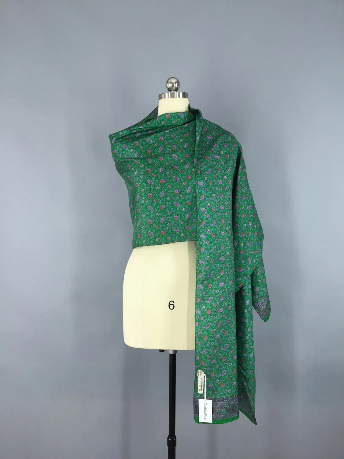Green Floral Silk Sari Scarf