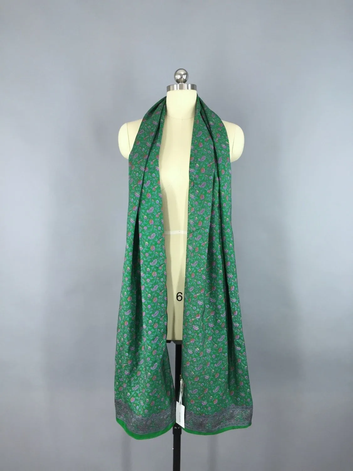 Green Floral Silk Sari Scarf