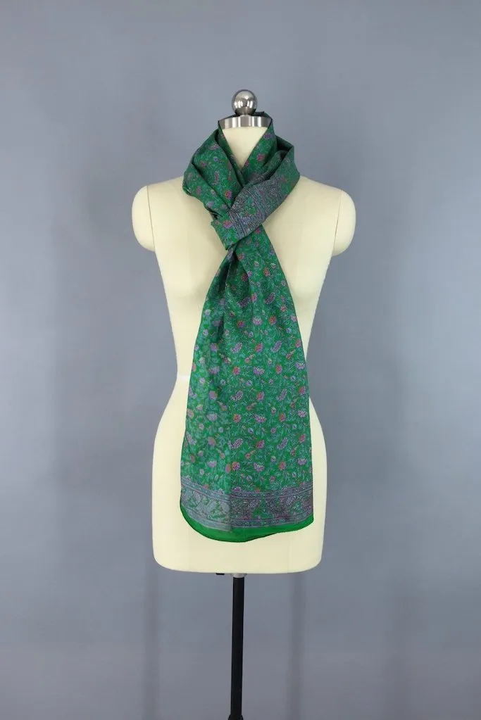 Green Floral Silk Sari Scarf