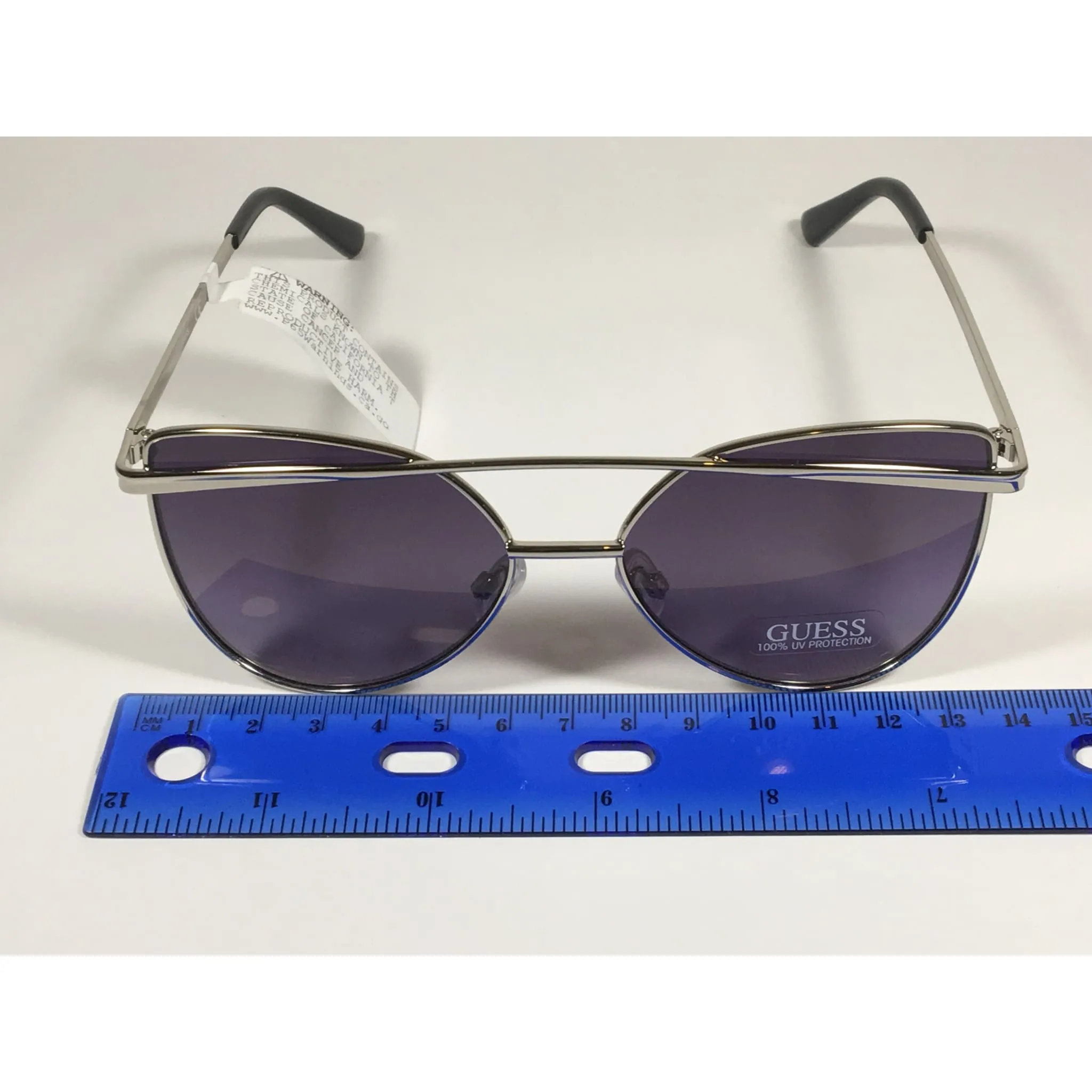 Guess Cat Eye Sunglasses Silver Metal Gray Purple Smoke Gradient Lens GF0332 108