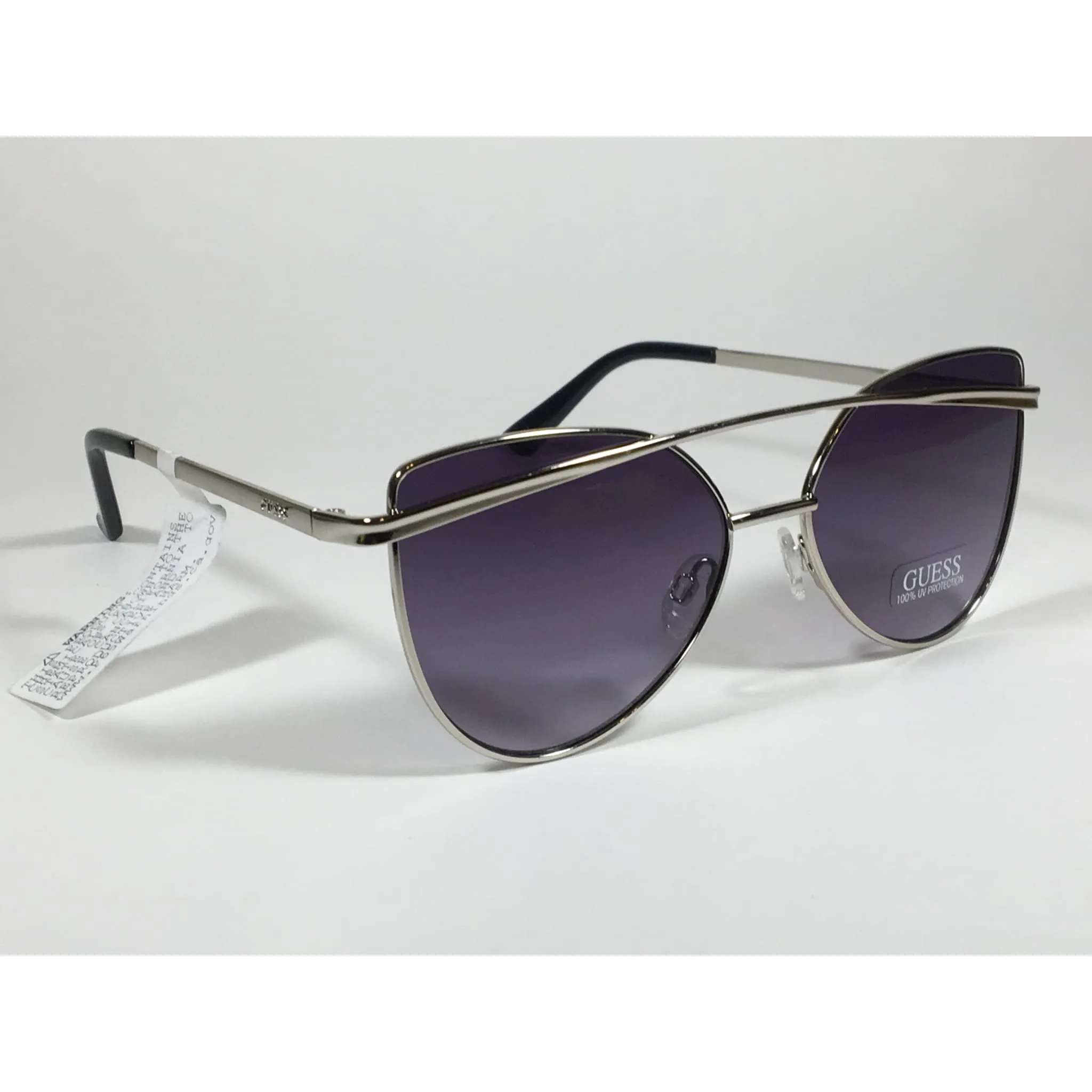 Guess Cat Eye Sunglasses Silver Metal Gray Purple Smoke Gradient Lens GF0332 108