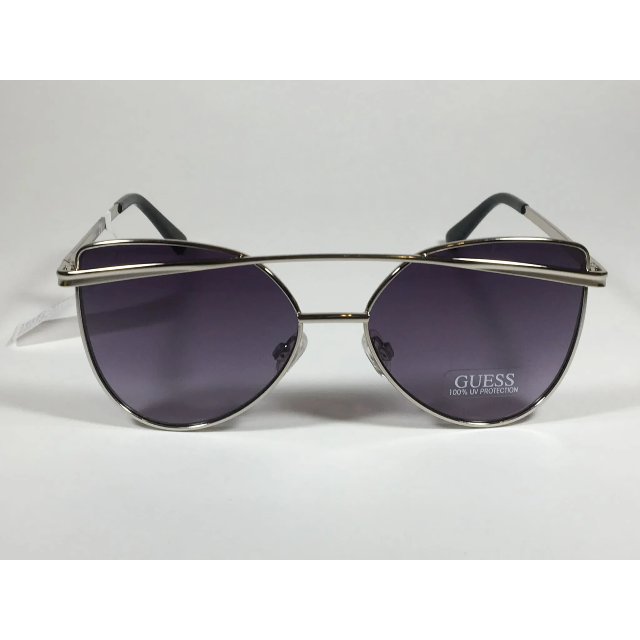 Guess Cat Eye Sunglasses Silver Metal Gray Purple Smoke Gradient Lens GF0332 108