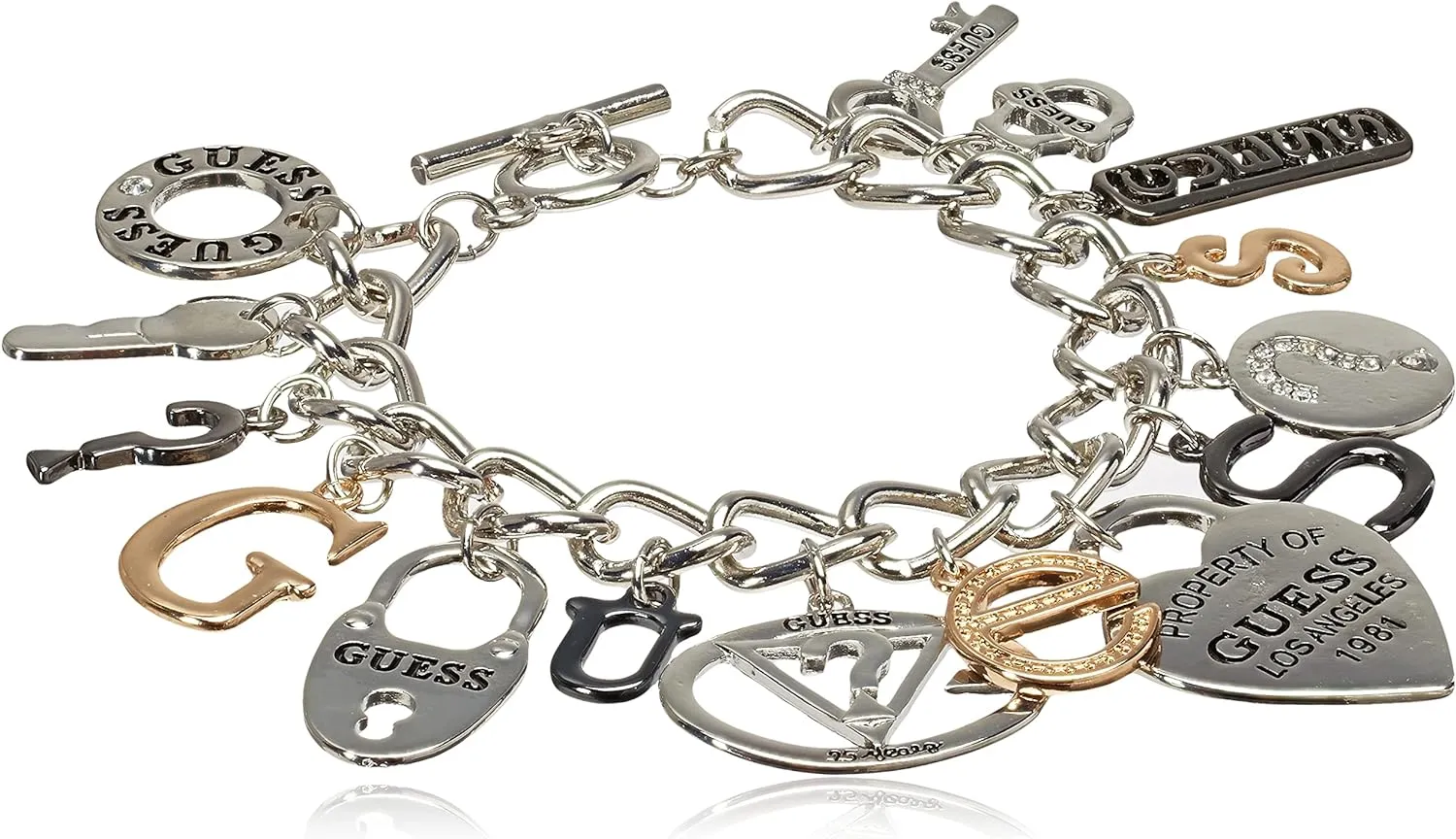 GUESS "Basic Mixed Metal Logo Charm Toggle Charm Bracelet