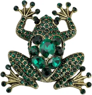 Gyn&Joy Brass Tone Peridot Green Colored Rhinestone Crystal Frog Brooch Pin Vintage Animal Jewelry BZ059