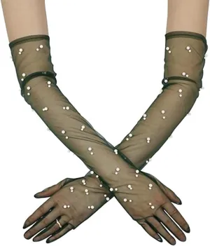 Halloween Pearl Gloves Women Long Tulle Wedding Bridal Gloves Bridal Opera Cosplay Party for Women Girls Halloween Costume Show Wedding Accessories 1 Pair