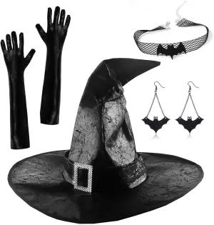 Halloween Witch Hat for Women Black Witches Hats Wide Brim Wizard Hat Halloween Costume Cosplay Party Decor Accessories