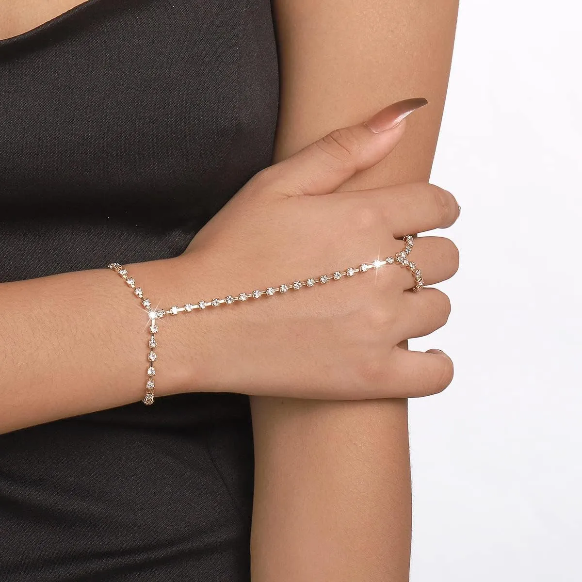 Hand Chain Bracelet for Women Trendy Link Chain Charm Bracelet Set Finger Ring Slave Bracelet Crystal Zircon Hand Chain Body Jewelry