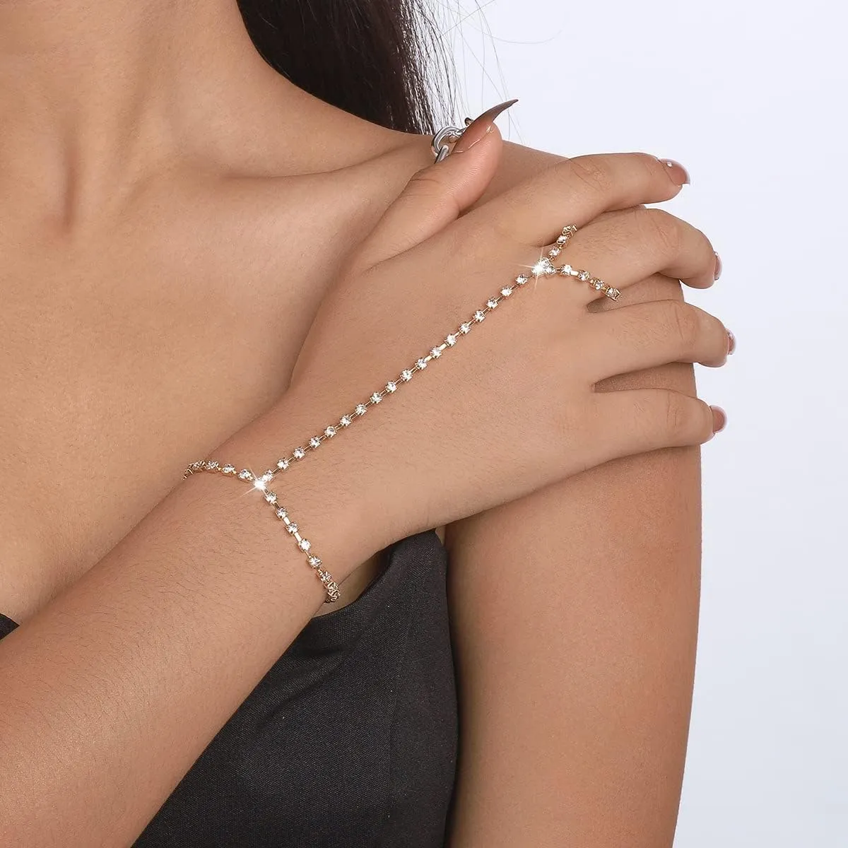 Hand Chain Bracelet for Women Trendy Link Chain Charm Bracelet Set Finger Ring Slave Bracelet Crystal Zircon Hand Chain Body Jewelry