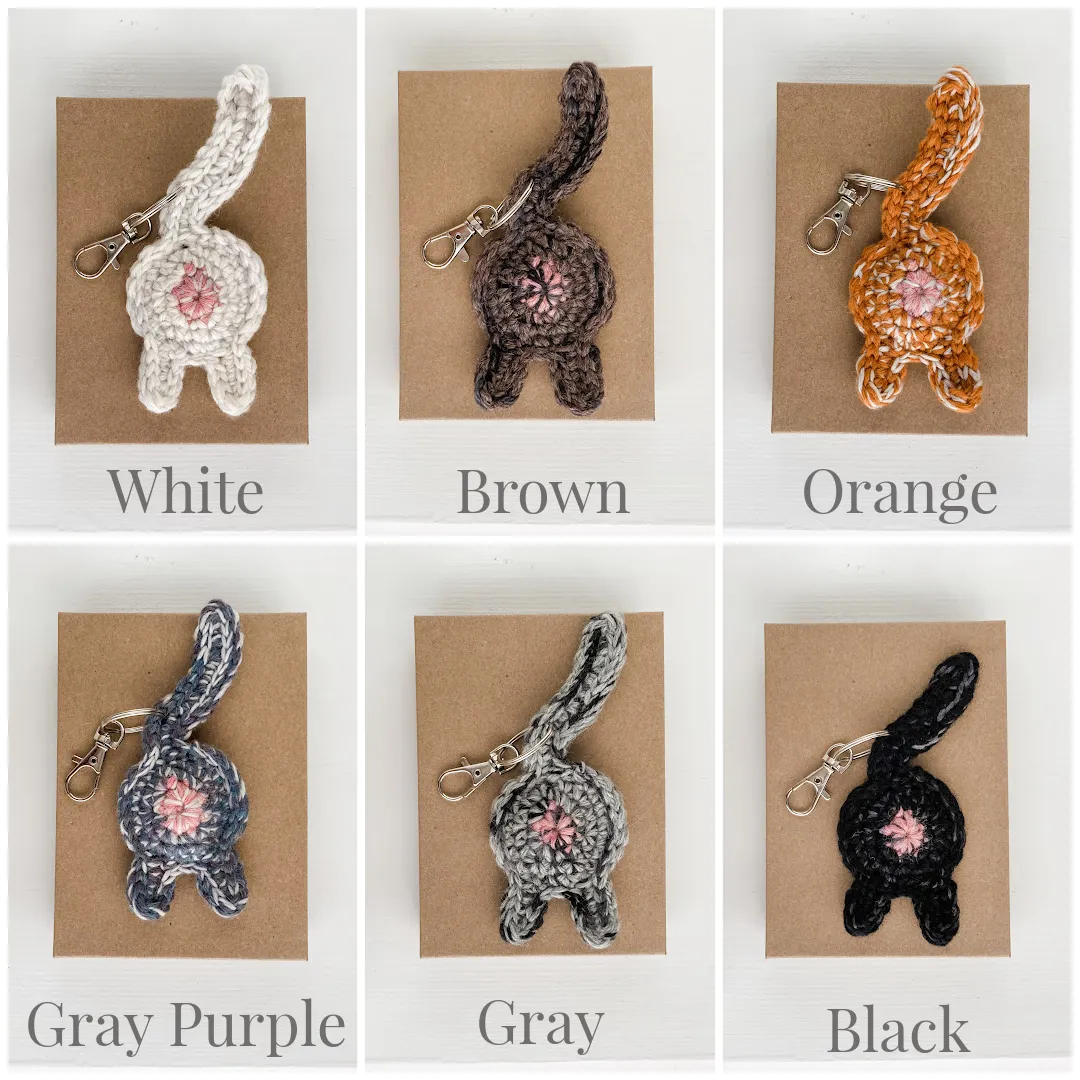 Hand Drawn Personalized Message Birthday Art Card Crocheted Cat Butt Keychain or Ornament
