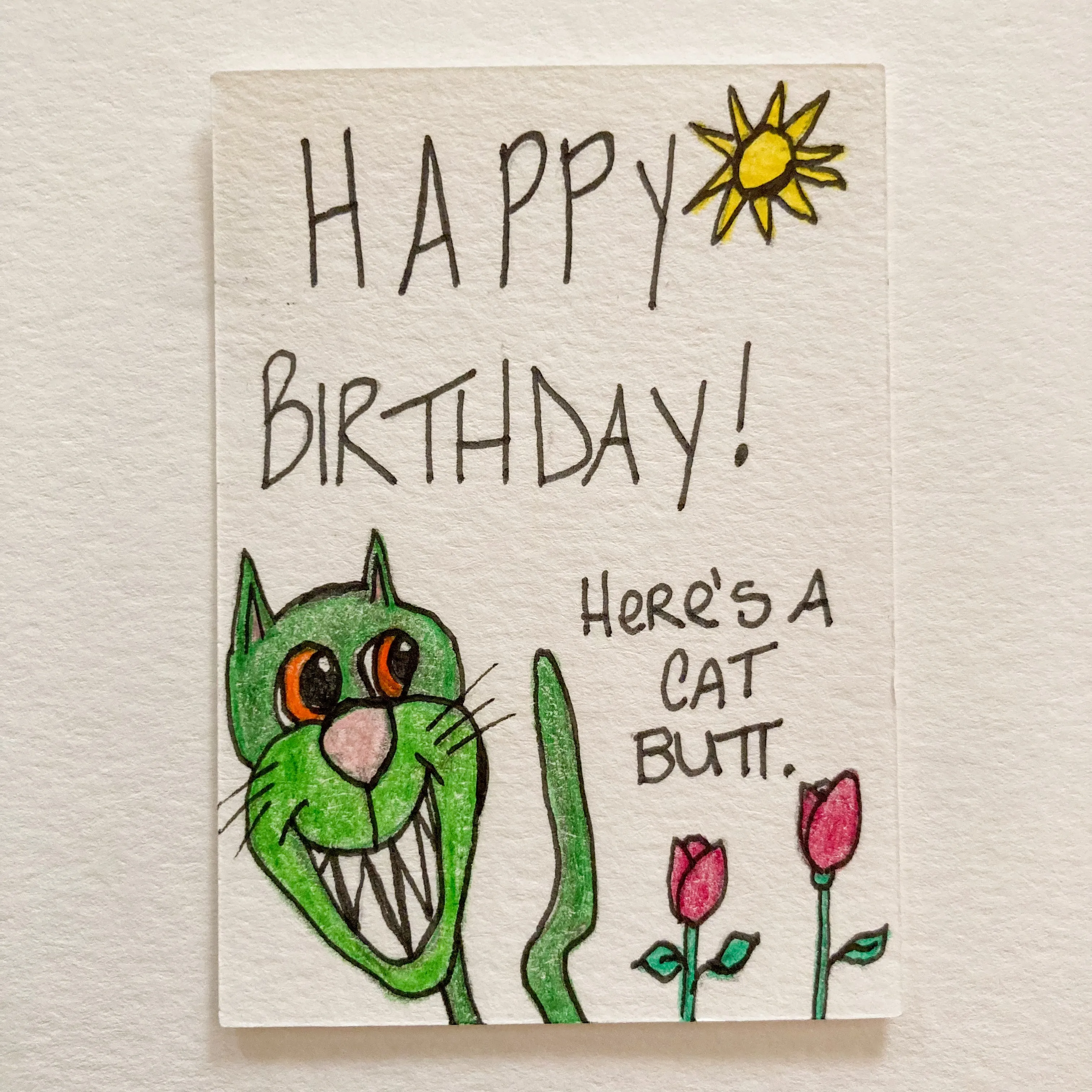 Hand Drawn Personalized Message Birthday Art Card Crocheted Cat Butt Keychain or Ornament