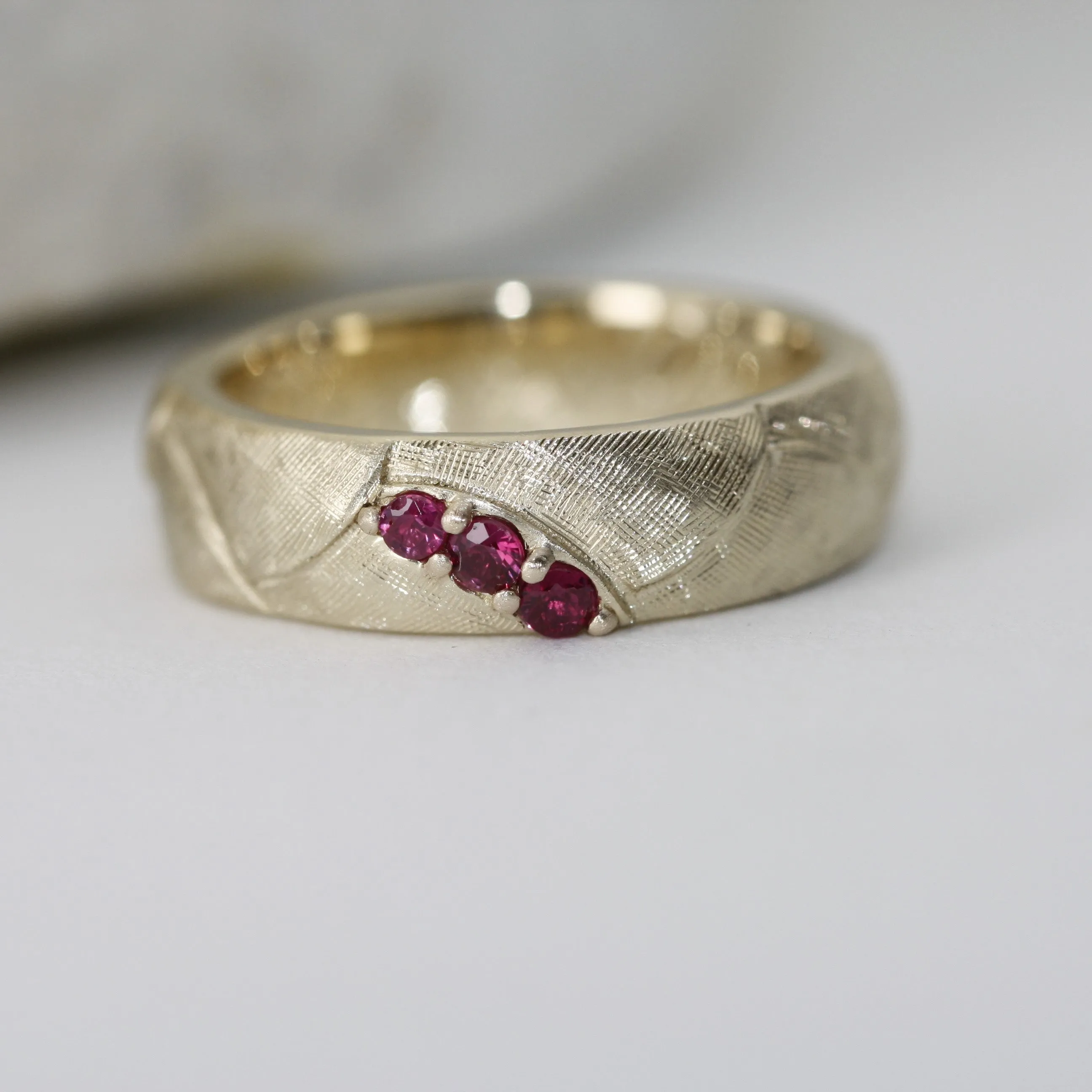 Hand Engraved Finish Ruby Wedding Ring in Solid Gold