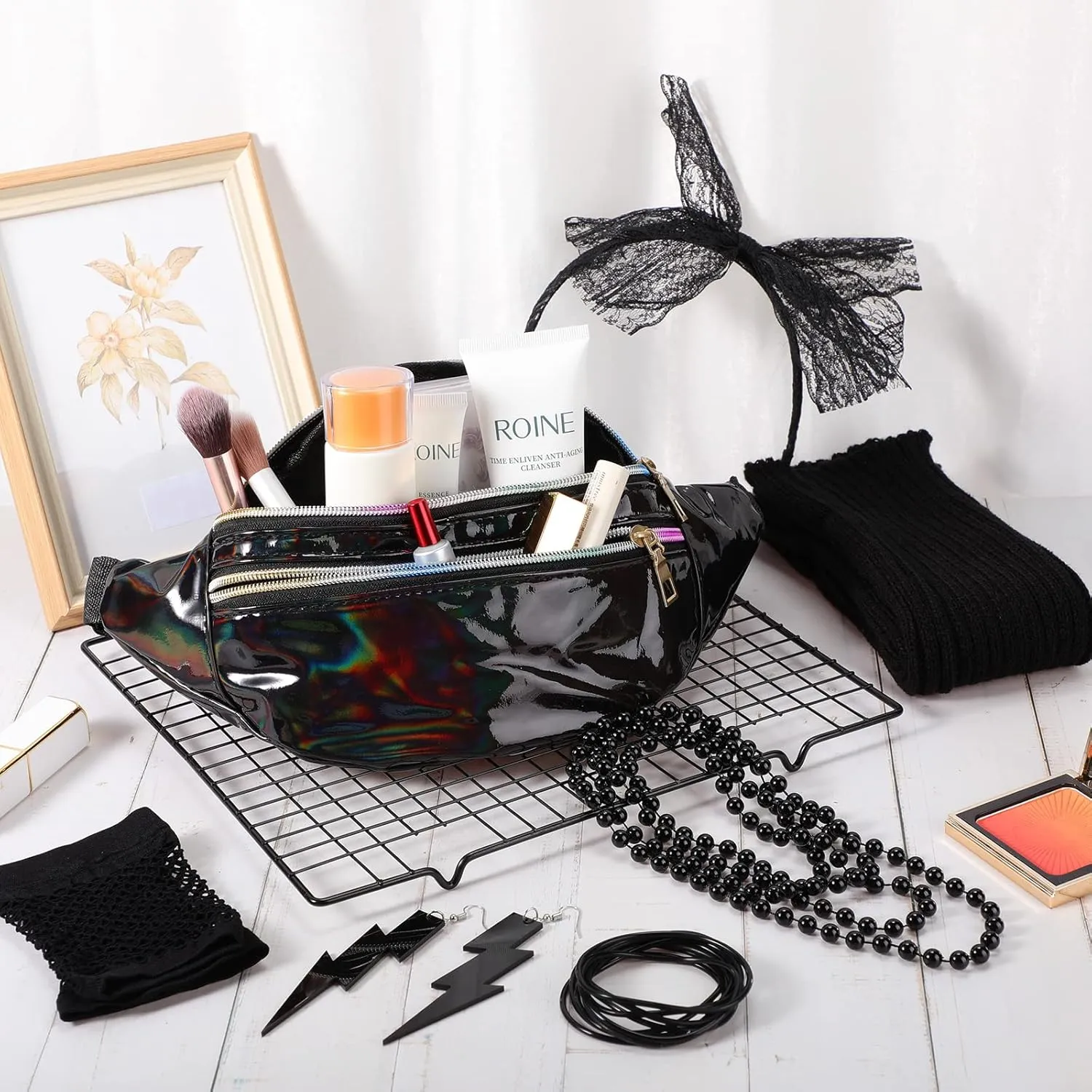 Handepo 19 Pcs 80s Costume Accessories Holographic Fanny Pack Leg Warmers Lace Headband Earrings Gloves Necklace Bracelet