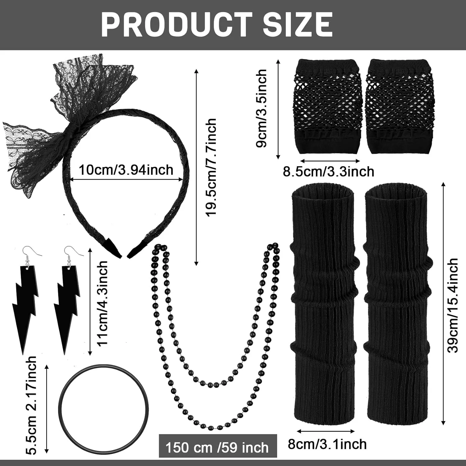 Handepo 19 Pcs 80s Costume Accessories Holographic Fanny Pack Leg Warmers Lace Headband Earrings Gloves Necklace Bracelet