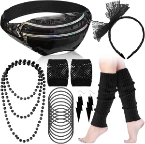 Handepo 19 Pcs 80s Costume Accessories Holographic Fanny Pack Leg Warmers Lace Headband Earrings Gloves Necklace Bracelet