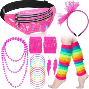 Handepo 19 Pcs 80s Costume Accessories Holographic Fanny Pack Leg Warmers Lace Headband Earrings Gloves Necklace Bracelet