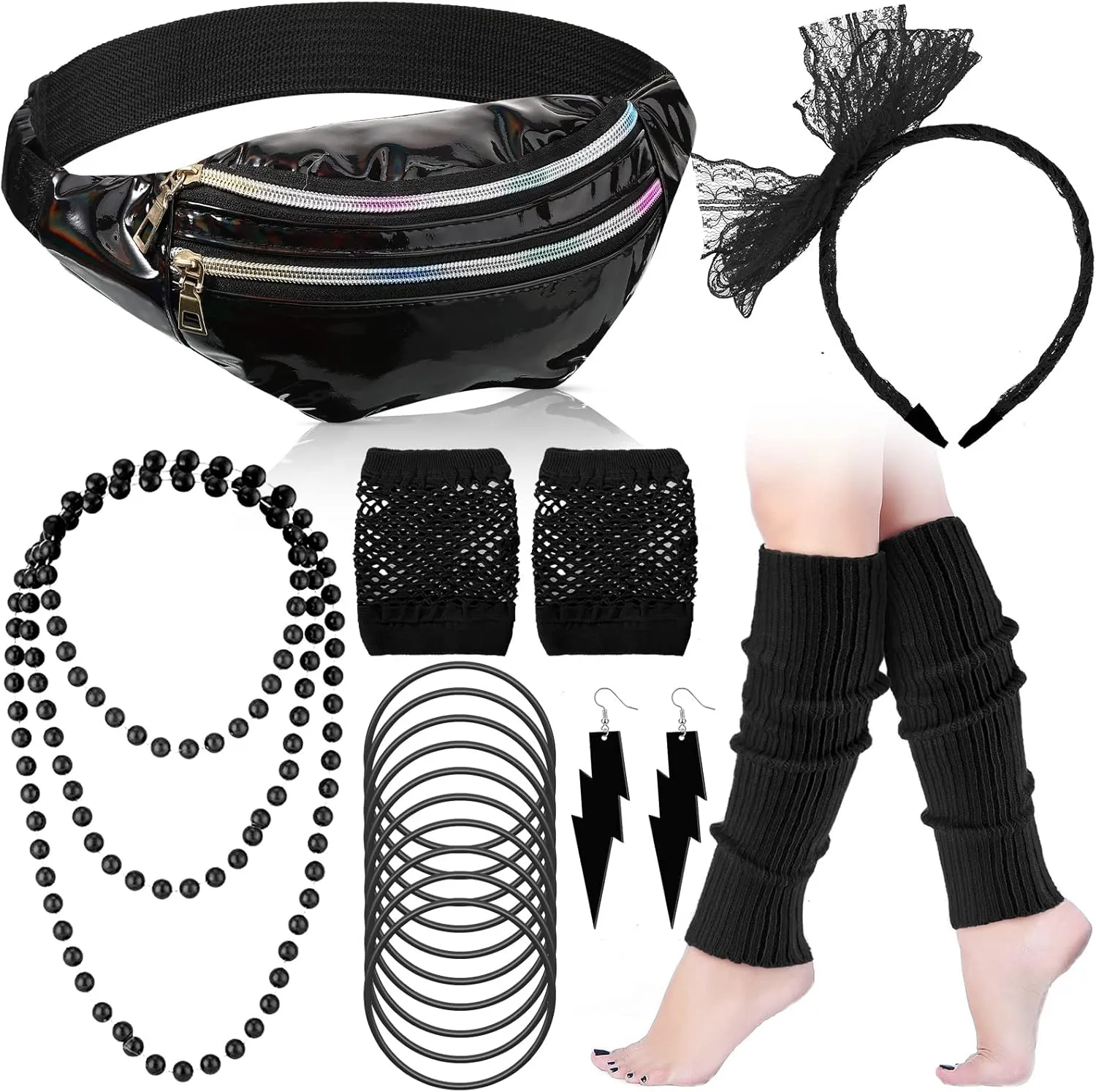 Handepo 19 Pcs 80s Costume Accessories Holographic Fanny Pack Leg Warmers Lace Headband Earrings Gloves Necklace Bracelet