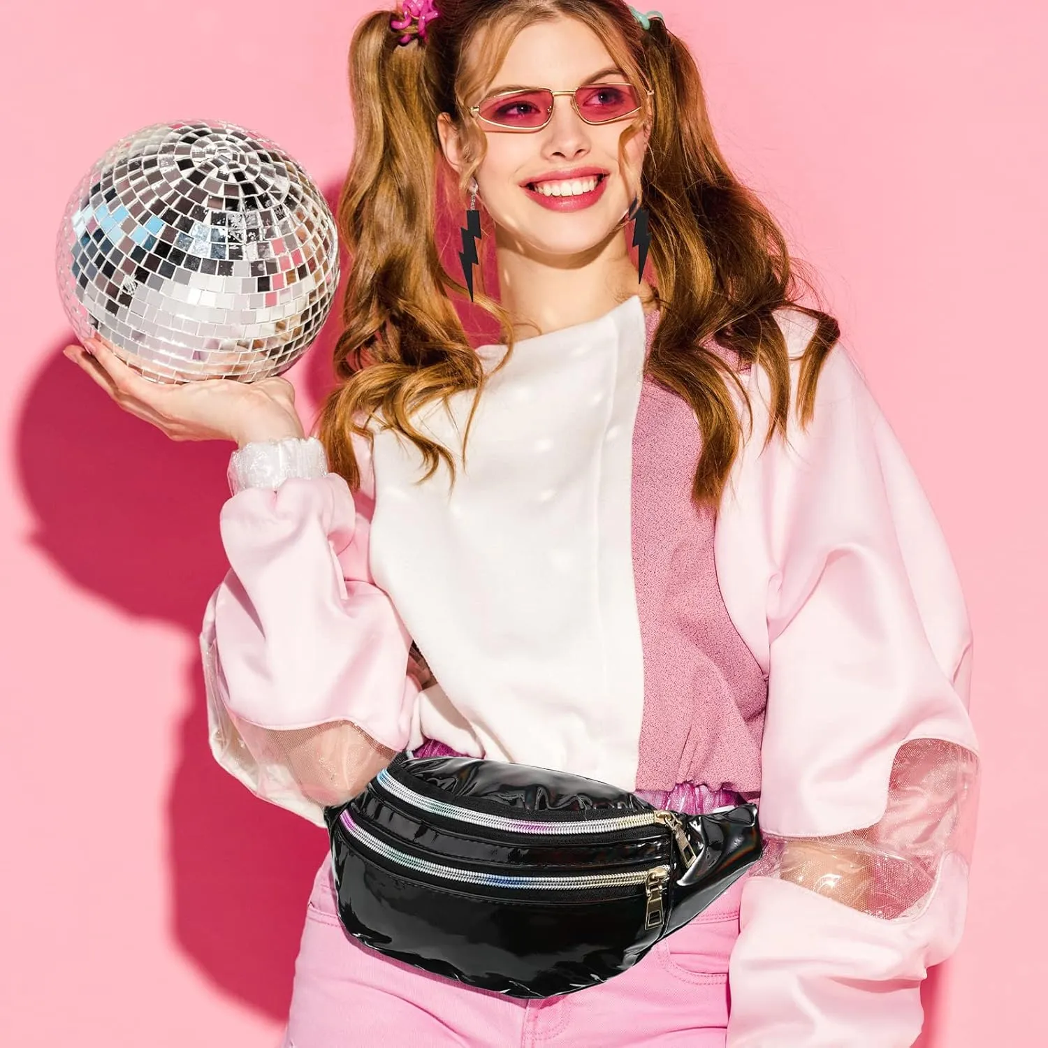 Handepo 19 Pcs 80s Costume Accessories Holographic Fanny Pack Leg Warmers Lace Headband Earrings Gloves Necklace Bracelet