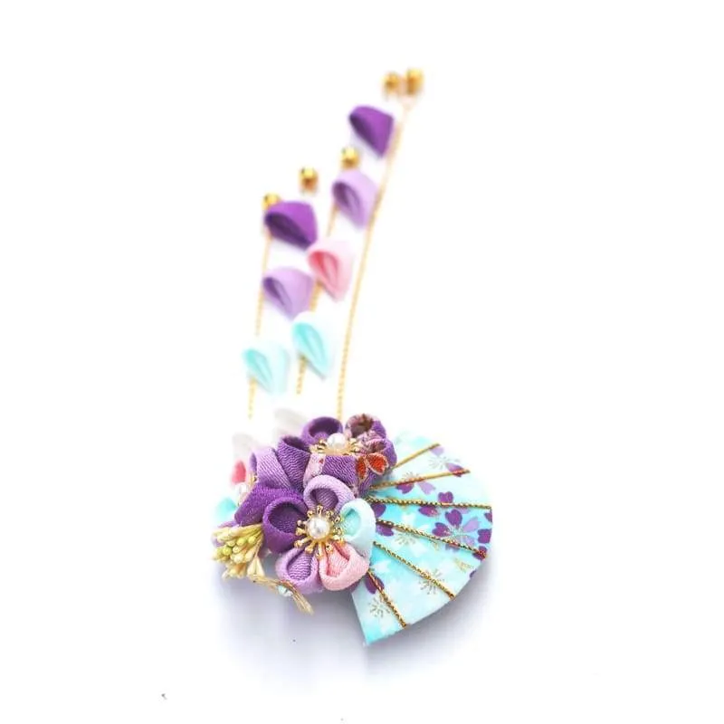 Handmade Tsumami Kanzashi Hair Clip 3 Piece Set 【Blue & Purple Sakura】