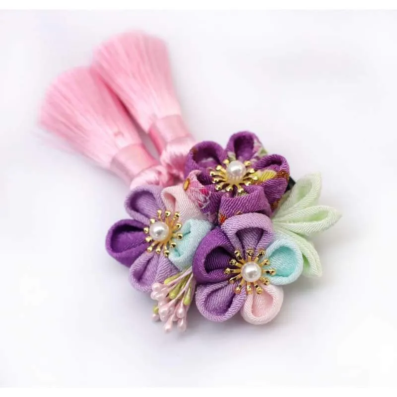 Handmade Tsumami Kanzashi Hair Clip 3 Piece Set 【Blue & Purple Sakura】