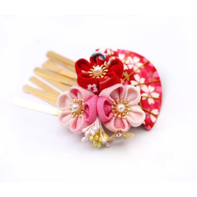 Handmade Tsumami Kanzashi Hair Clip 【Red & Pink Sakura】