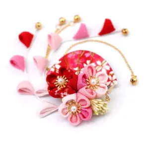 Handmade Tsumami Kanzashi Hair Clip 【Red & Pink Sakura】