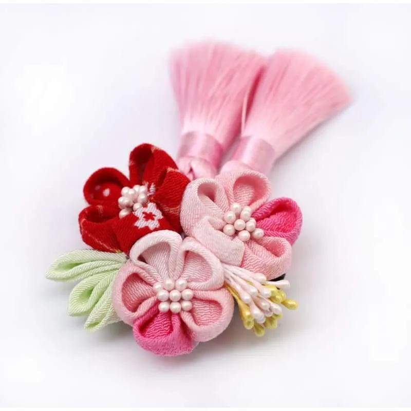 Handmade Tsumami Kanzashi Hair Clip 【Red & Pink Sakura】