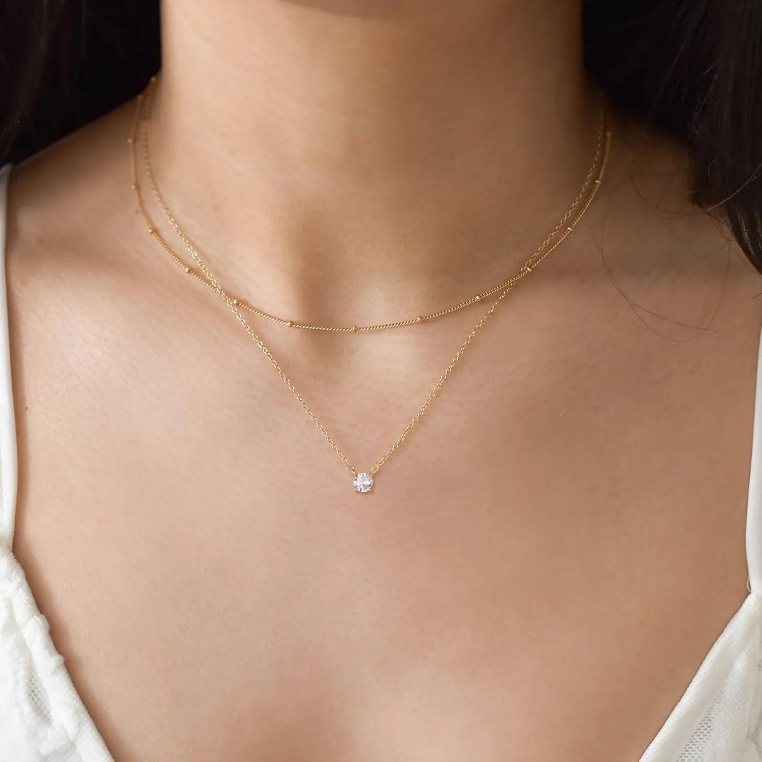 HANLI Layered Necklaces for Women 14K Gold Plated Dainty Layer Paper Clip Herringbone Necklaces Simple Satellite Box Chain Necklace Minimalist Everyday Jewelry