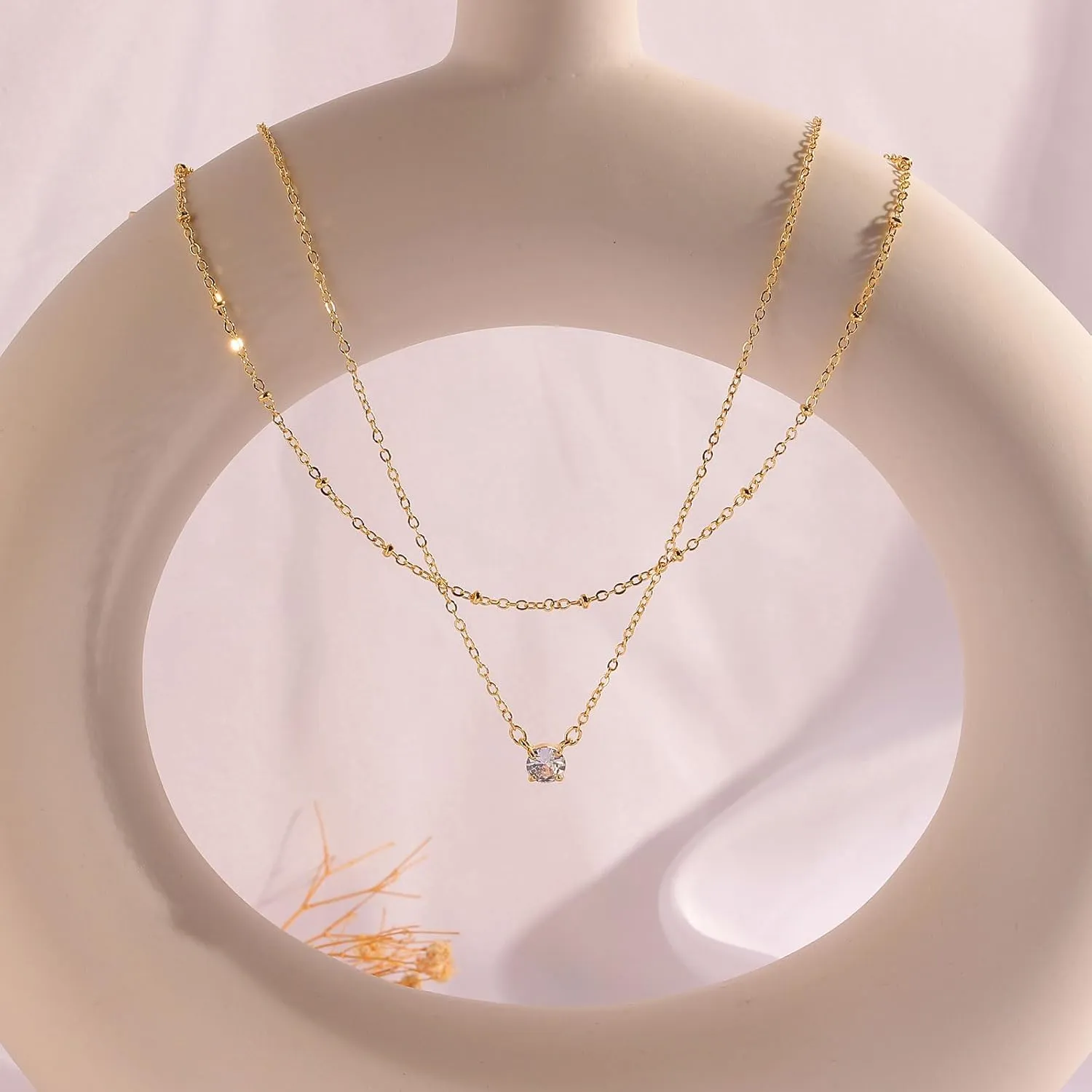 HANLI Layered Necklaces for Women 14K Gold Plated Dainty Layer Paper Clip Herringbone Necklaces Simple Satellite Box Chain Necklace Minimalist Everyday Jewelry