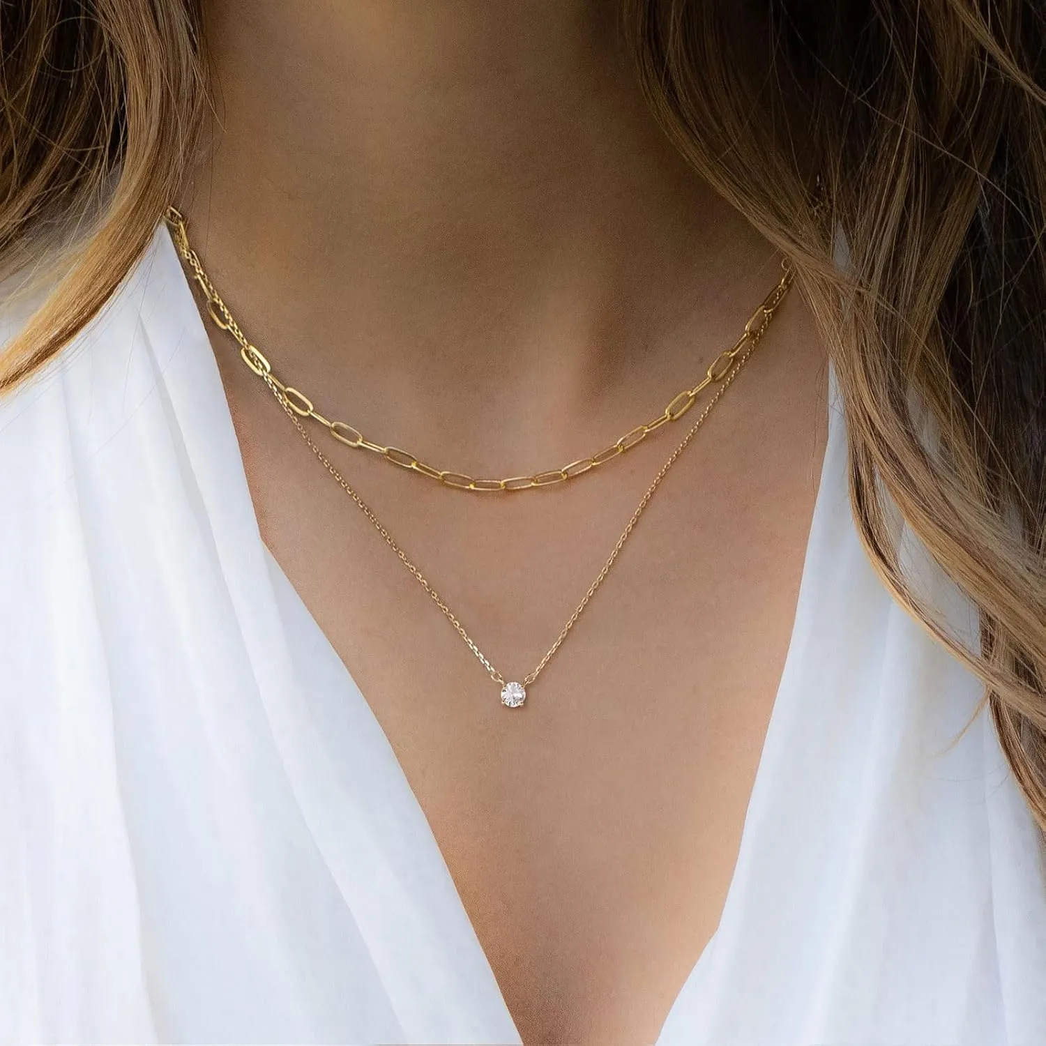 HANLI Layered Necklaces for Women 14K Gold Plated Dainty Layer Paper Clip Herringbone Necklaces Simple Satellite Box Chain Necklace Minimalist Everyday Jewelry