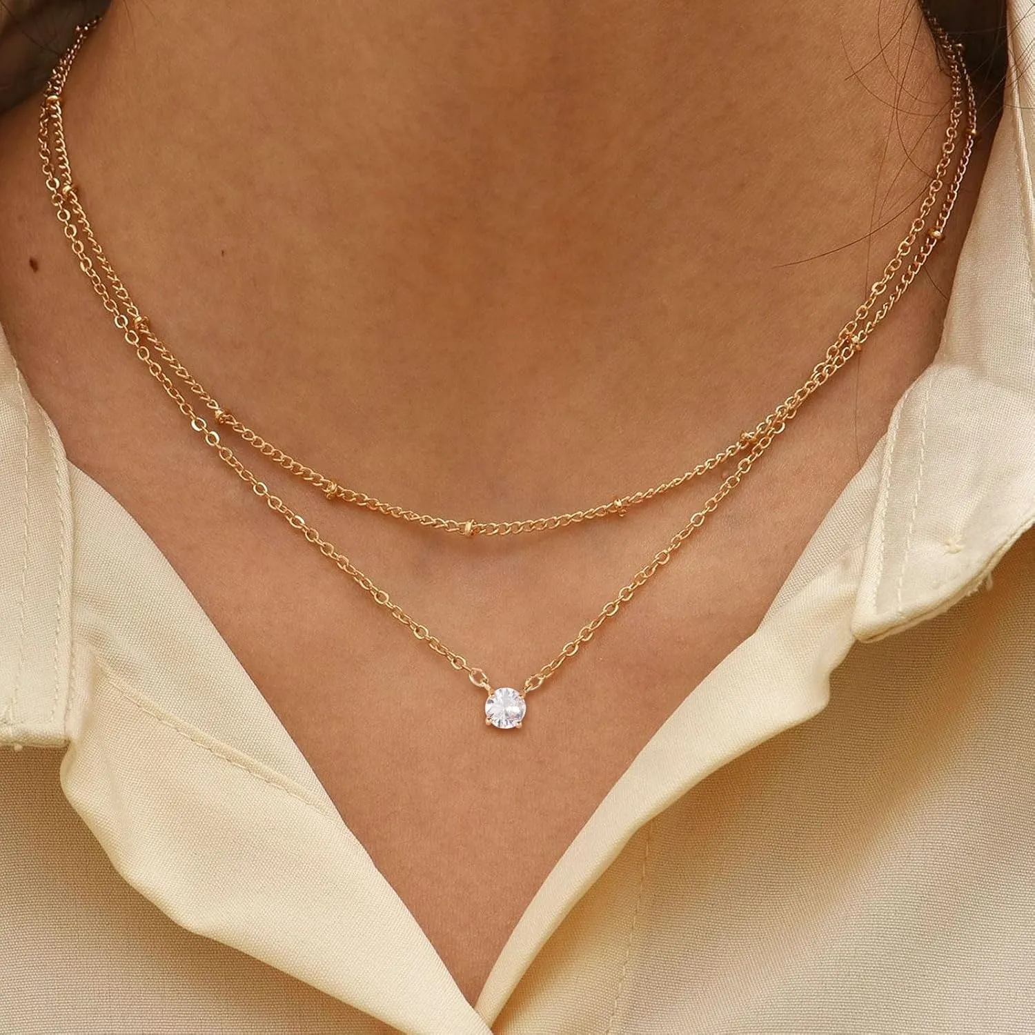 HANLI Layered Necklaces for Women 14K Gold Plated Dainty Layer Paper Clip Herringbone Necklaces Simple Satellite Box Chain Necklace Minimalist Everyday Jewelry
