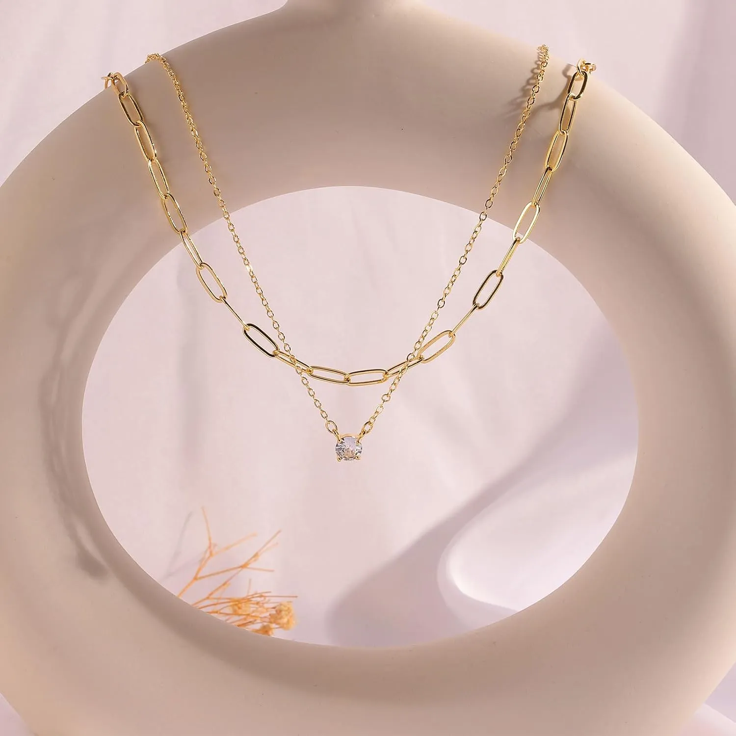 HANLI Layered Necklaces for Women 14K Gold Plated Dainty Layer Paper Clip Herringbone Necklaces Simple Satellite Box Chain Necklace Minimalist Everyday Jewelry
