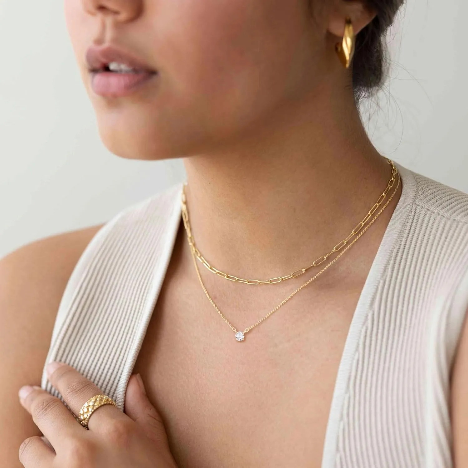HANLI Layered Necklaces for Women 14K Gold Plated Dainty Layer Paper Clip Herringbone Necklaces Simple Satellite Box Chain Necklace Minimalist Everyday Jewelry