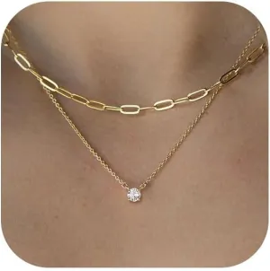HANLI Layered Necklaces for Women 14K Gold Plated Dainty Layer Paper Clip Herringbone Necklaces Simple Satellite Box Chain Necklace Minimalist Everyday Jewelry