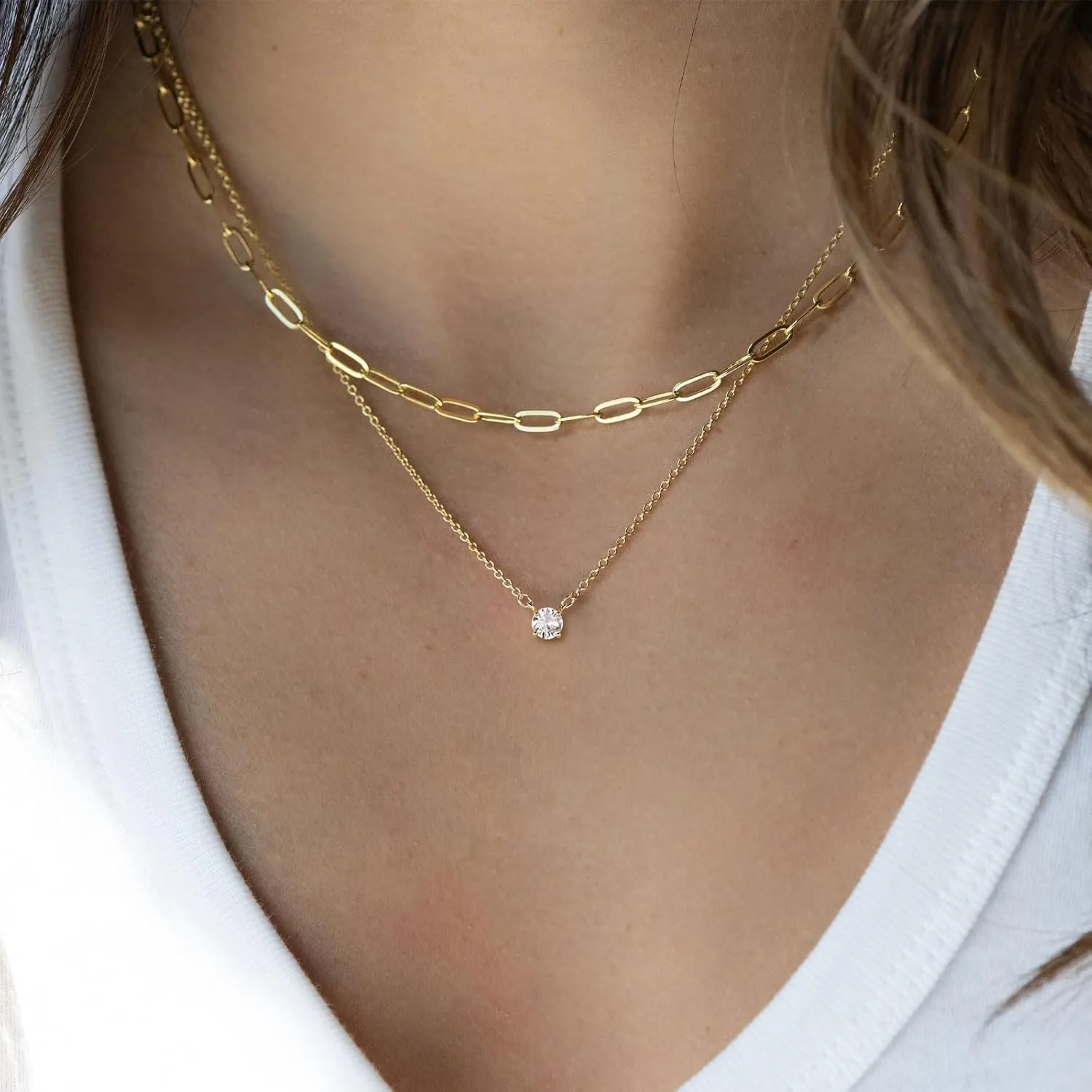HANLI Layered Necklaces for Women 14K Gold Plated Dainty Layer Paper Clip Herringbone Necklaces Simple Satellite Box Chain Necklace Minimalist Everyday Jewelry