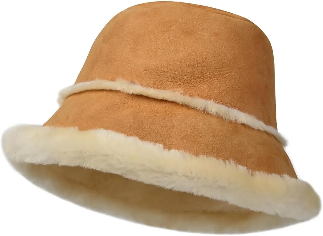 Harssidanzar Mens and Womens Winter Shearling Bucket Hat Lambskin Leather Warm Fisherman Cap CU608US