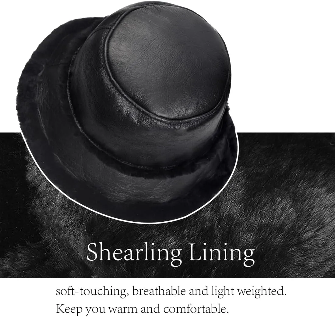 Harssidanzar Mens and Womens Winter Shearling Bucket Hat Lambskin Leather Warm Fisherman Cap CU608US