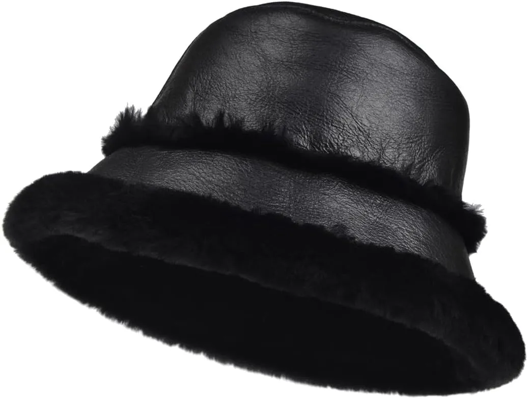 Harssidanzar Mens and Womens Winter Shearling Bucket Hat Lambskin Leather Warm Fisherman Cap CU608US
