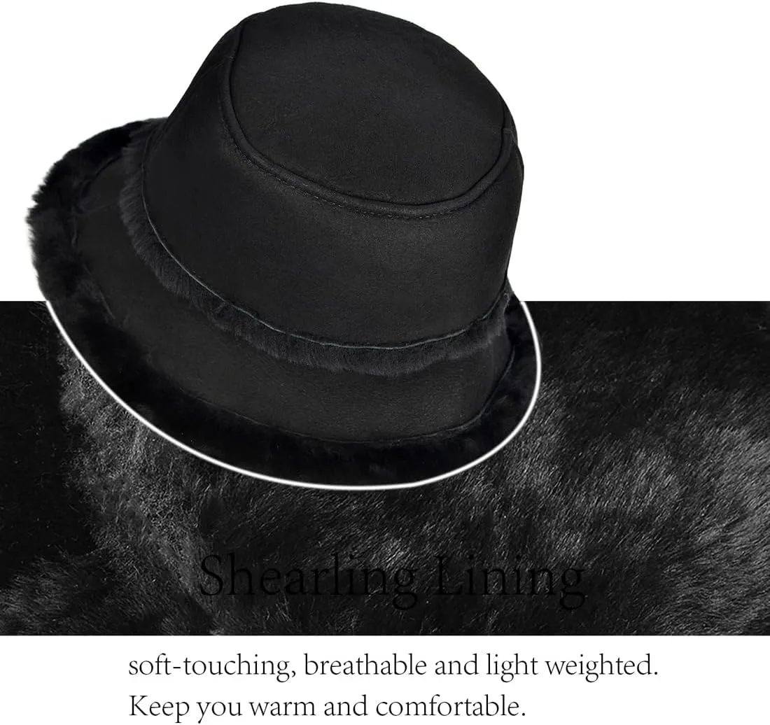Harssidanzar Mens and Womens Winter Shearling Bucket Hat Lambskin Leather Warm Fisherman Cap CU608US