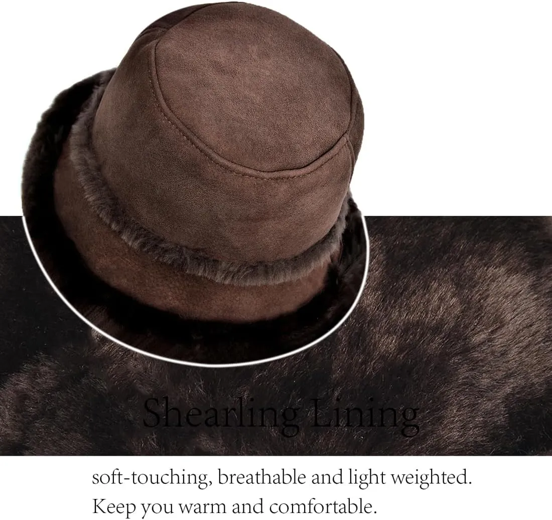 Harssidanzar Mens and Womens Winter Shearling Bucket Hat Lambskin Leather Warm Fisherman Cap CU608US