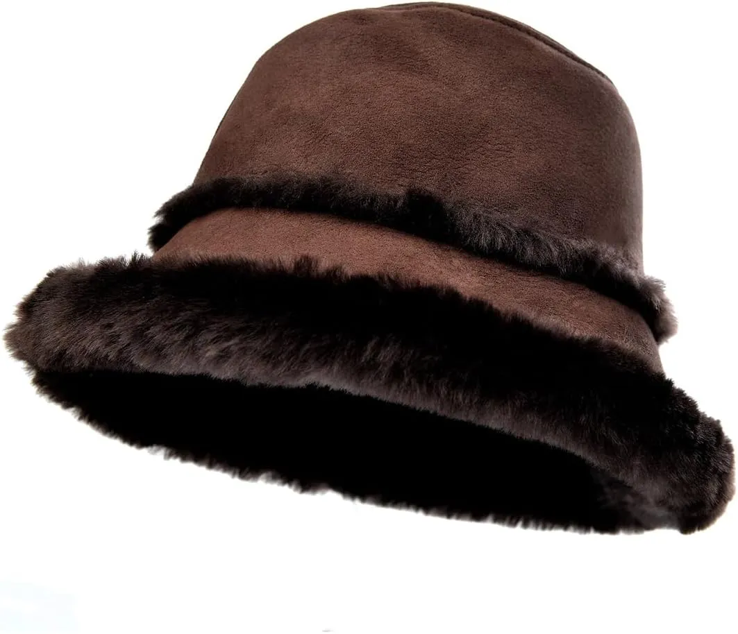 Harssidanzar Mens and Womens Winter Shearling Bucket Hat Lambskin Leather Warm Fisherman Cap CU608US