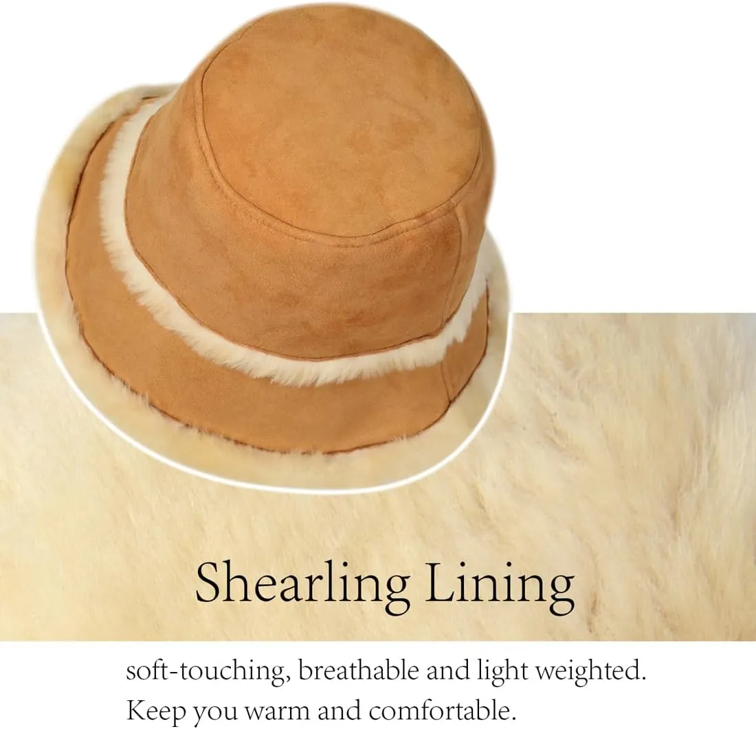 Harssidanzar Mens and Womens Winter Shearling Bucket Hat Lambskin Leather Warm Fisherman Cap CU608US