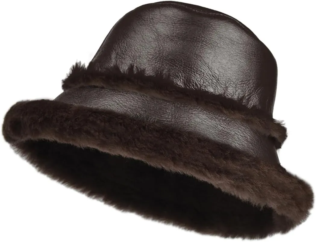 Harssidanzar Mens and Womens Winter Shearling Bucket Hat Lambskin Leather Warm Fisherman Cap CU608US